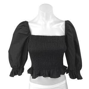 Zara Women's Black 3/4 Puff Sleeve Ruffle Smocked Peplum Crop Blouse Top Size S